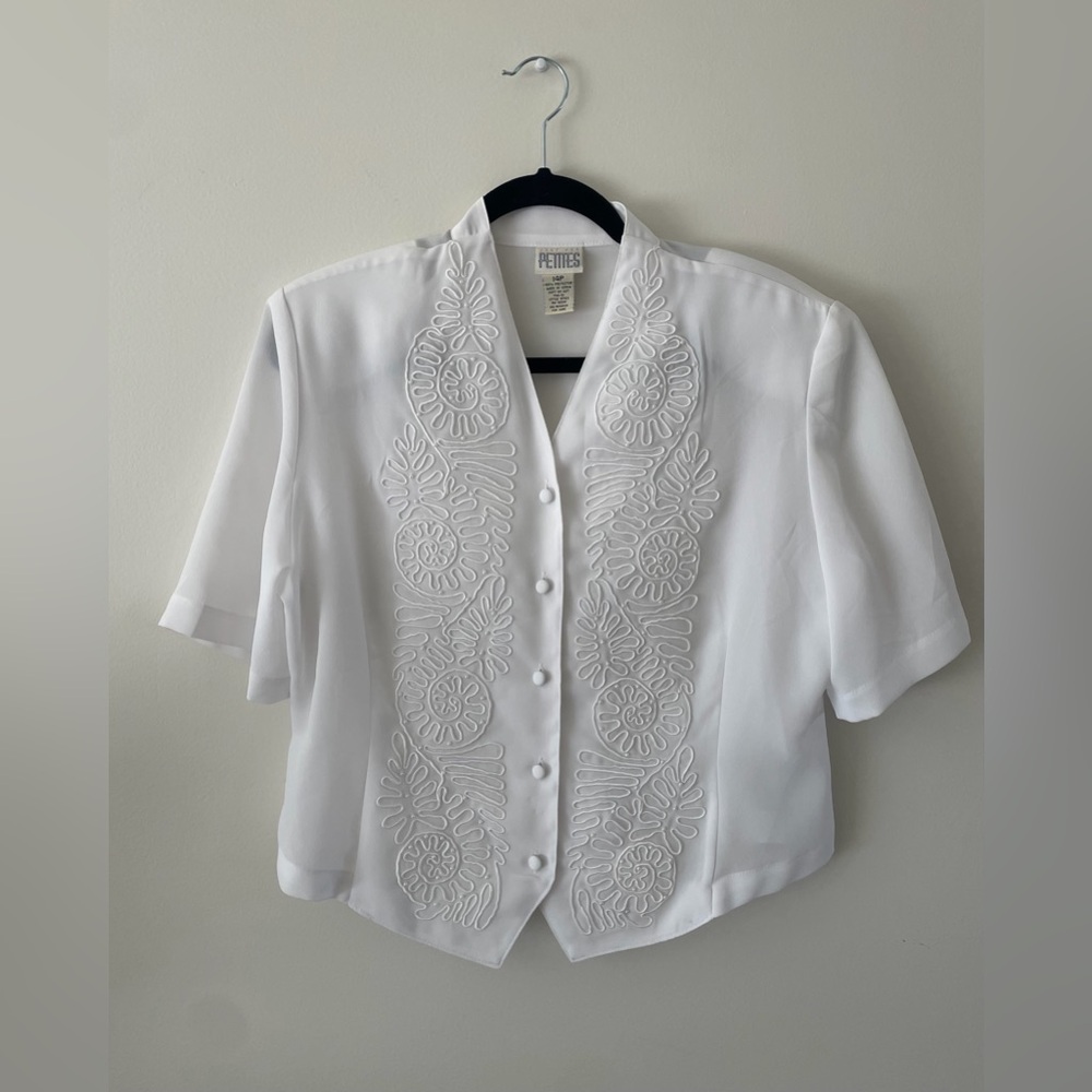 90s 80s Vintage White Western Boho Neutral Chic Button Down Blouse Women's 14P